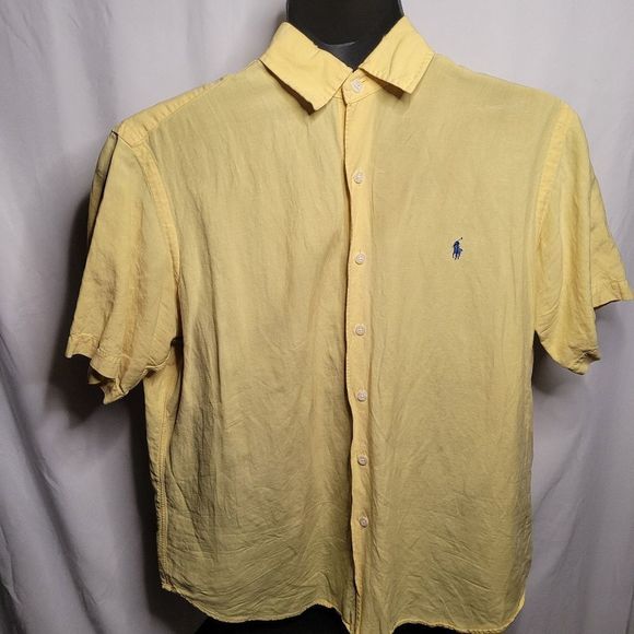 POLO Ralph Lauren Yellow Blue Logo Men's Short Sleeve Casual Button Down Shirt - Picture 3 of 10
